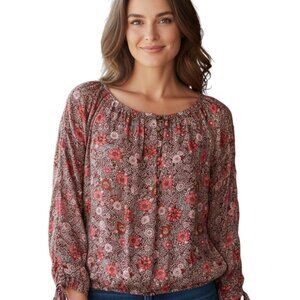 Lucky Brand Womens Semi Sheer Floral Print Blouse Top Size Small